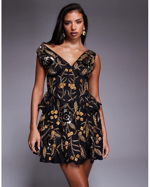 ASOS Black Floral Embellished Skater Dress With Corset Detail