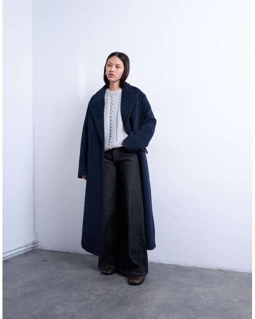 TOPSHOP Blue 3 Button Brushed Coat With Wool