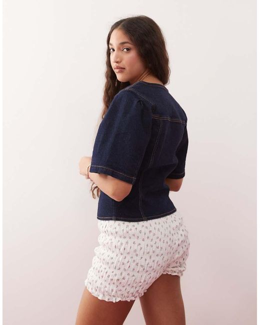 Miss Selfridge Denim Top Met Pofmouwen in het Blue