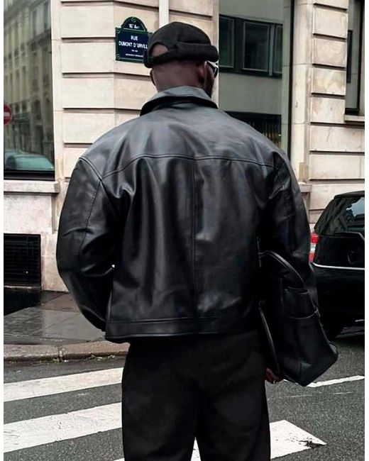 Bershka Black Boxy Faux Leather Jacket for men