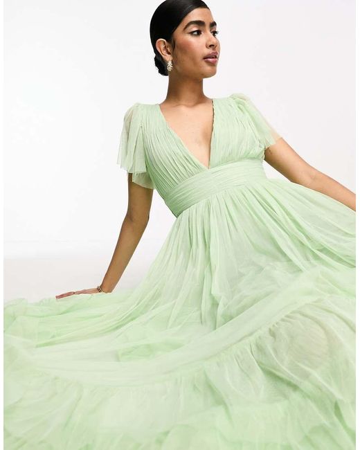 LACE & BEADS Green Bridesmaid Madison V Neck Tulle Maxi Dress