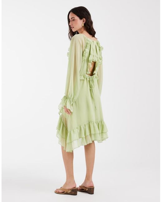 Muse Assembly Green Boho Crinkle Chiffon Ruffle Midi Dress