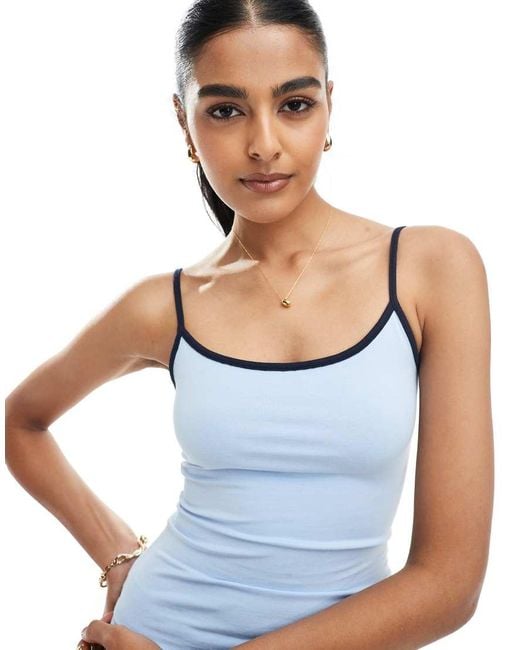Bershka Blue Contrast Trim Scoop Neck Top