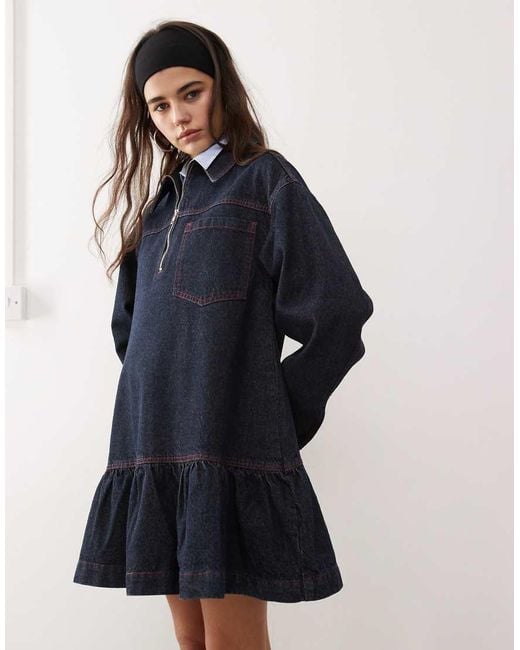 Collusion Blue Long Sleeve Denim Smock Dress