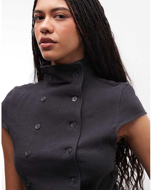 Weekday Blue High Neck Crinkle Double Button Up Top