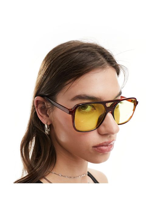 ASOS Black Fine Frame Aviator Fashion Glasses With Yellow Lens