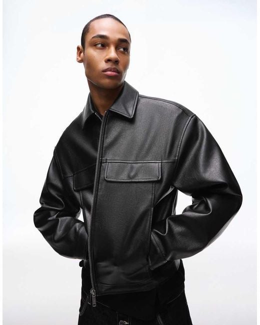 Bershka Black Boxy Faux Leather Jacket for men