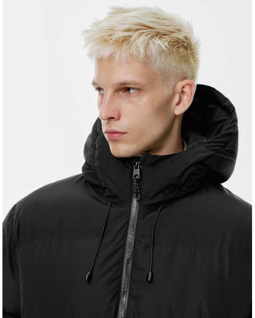 Pull&Bear Black Heat-sealed Quilted Jacket With Hood for men
