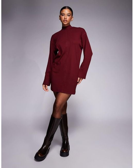 ASOS Purple High Neck Rib Knit Mini Dress With Center Seam Detail