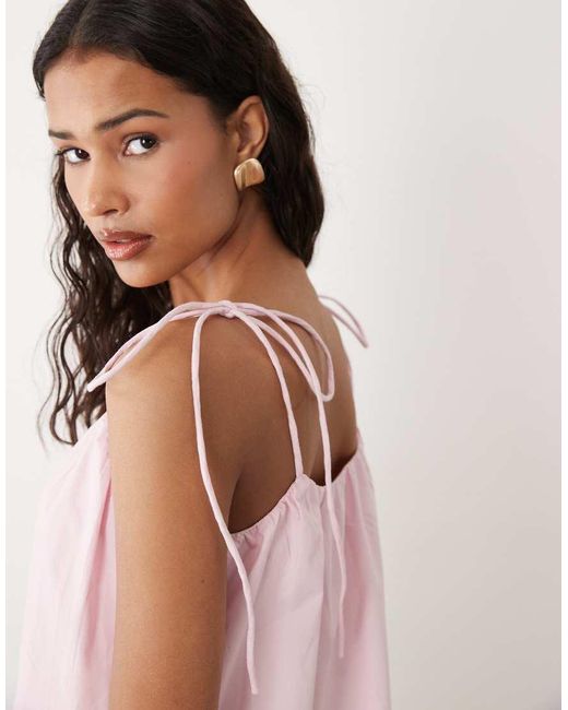 ASOS Pink Poplin Puff Mini Sundress With Tie Straps