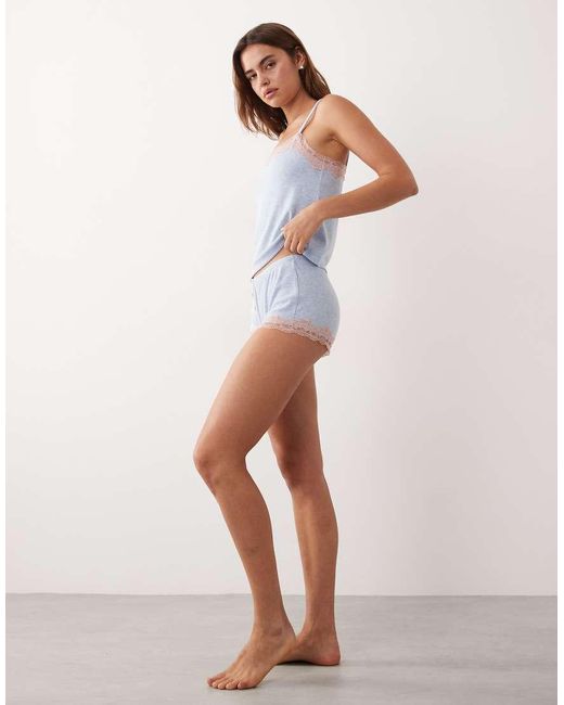 ASOS White Rib Cami And Cheeky Shorts Nightwear Set With Lace Trim