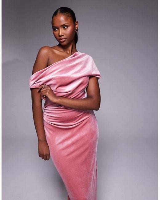 ASOS Women's Pink Velvet Midi Dress With Fallen Shoulder - coffeafoods.com