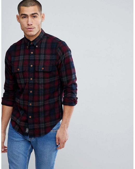 Abercrombie & Fitch Red Check Flannel Shirt Regular Fit In Burgundy Blackwatch Plaid for men