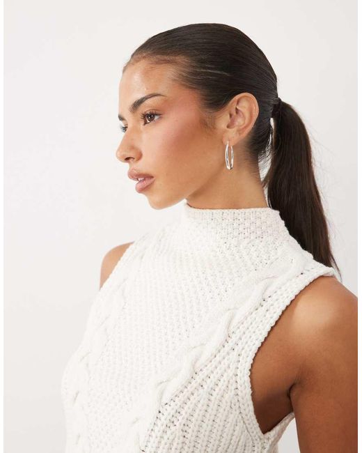 Y.A.S White High Neck Sleeveless Cable Knitted Peplum Top