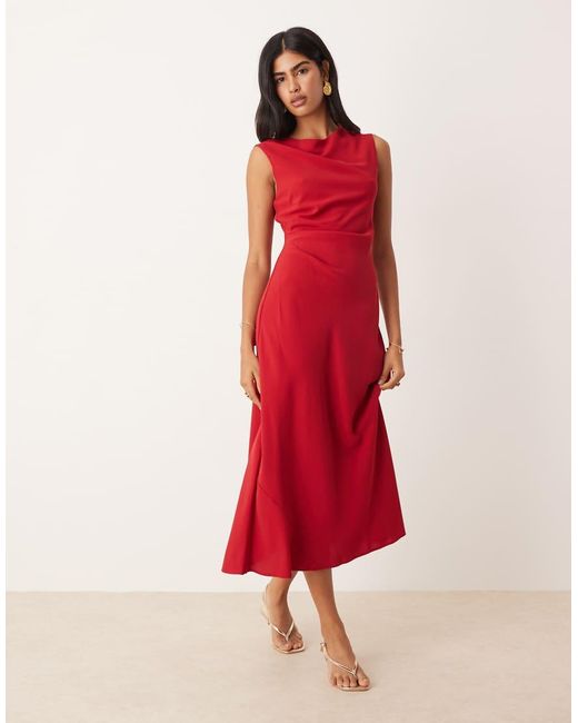 Mango Red Slash Neck Midi Dress