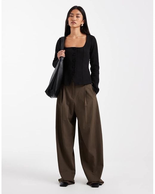 New Look Black Square Neck Button Long Sleeve Top