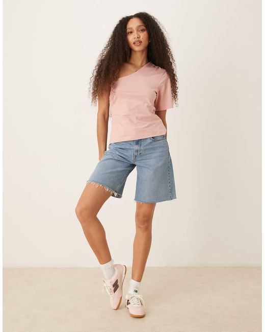 ASOS Top Met Blote Schouder En Gerimpelde Taille in het Pink