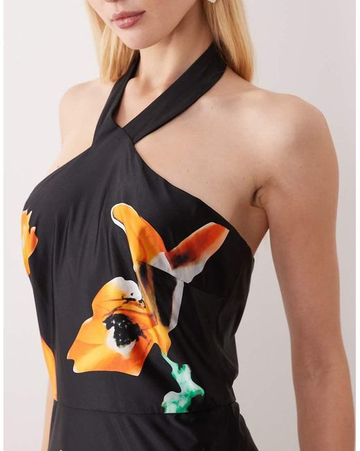 JW PEI Black Racer Halter Neck Satin Mermaid Hem Maxi Dress