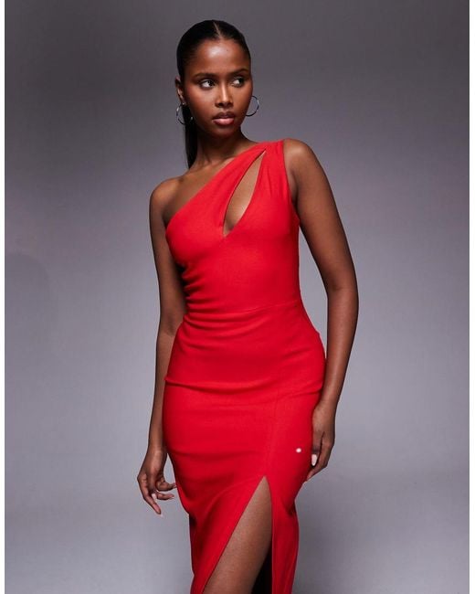 Vesper Red Bengaline Cut Out Front Detail Thigh Split Maxi Dress In
