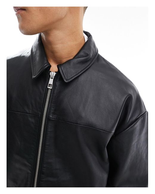 ASOS Black Oversized Real Leather Cropped Coach Jacket for men