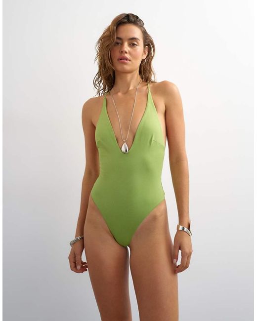 TOPSHOP Green Carlie Swimsuit With Twisted Back Detail