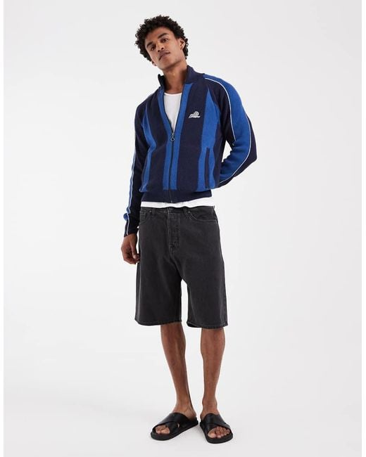 Pompeii UK Blue Pompeii Striped Knitted Zip Up Tracksuit Jacket for men