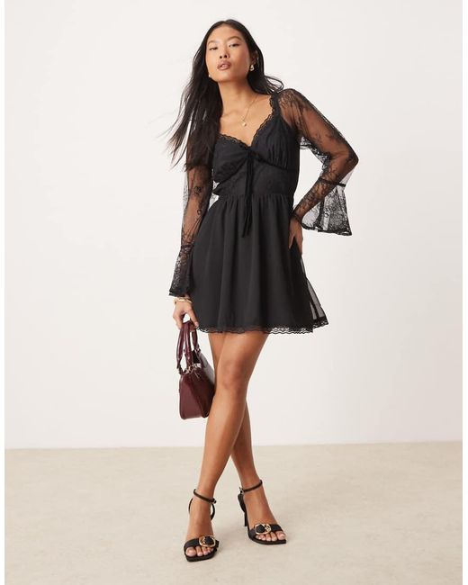 Miss Selfridge Black Lace And Chiffon Mix Mini Dress