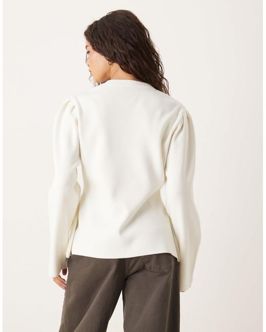 ASOS Natural Structured Knit Nipped Waist Puff Sleeve Cardigan