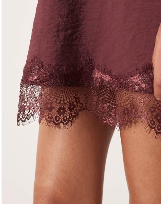ASOS Red V Neck Shift Lace Crinkle Satin Mini Dress