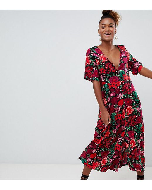 Monki Short Sleeve Button Through Flower Print Midi Dress in Red | Lyst  Canada