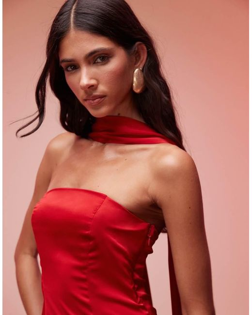 Oh Polly Red Mandi Scarf Detail Strapless Maxi Dress