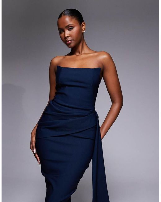 Vesper Blue Bengaline Bandeau Square Edge Drape Front Midi Dress