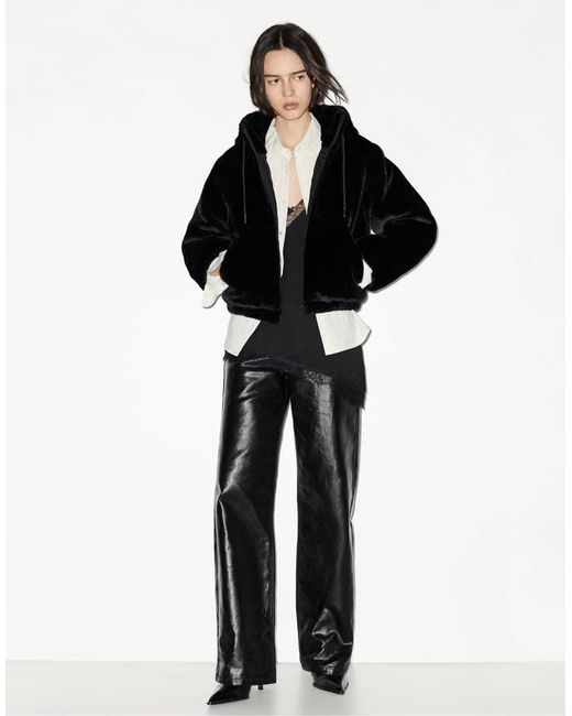 Pull&Bear Black Faux Fur Hooded Jacket