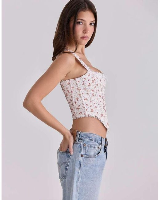 House Of Cb White Adina Rose Print Cotton Scallop Trim Corset Top