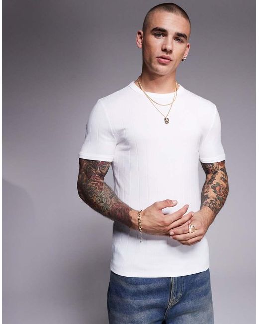 Camiseta Blanca Ajustada De Canalé Texturizado De ASOS de hombre de color Gray