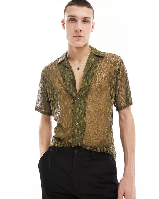 Twisted Tailor Green Lace Short Sleeve Revere Shirt for men