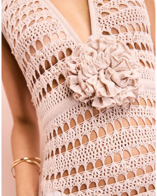ASOS Pink Beach Plunge Crochet Maxi Dress With Pearl Embellishment And Corsage