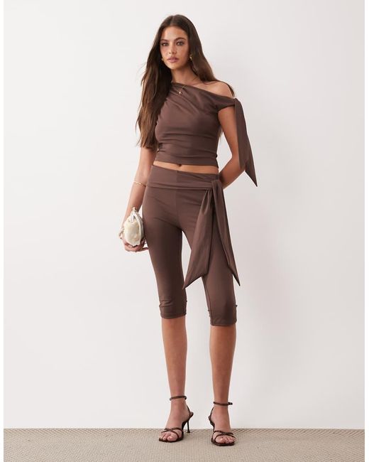 The Frolic Brown Exclusive Slinky Asymmetric Shoulder Drape Side Top Co-ord