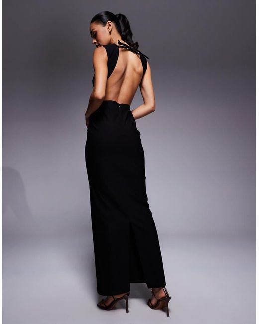 Vesper Maxi Jurk Van Bengaline Met Open Achterkant En Strikdetail in het Black