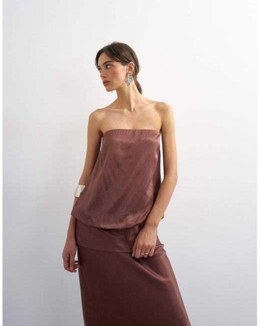 TOPSHOP Brown Satin Dropped Waist Blouson Bandeau Maxi Dress