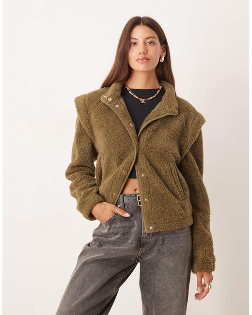 ASOS Brown Sharp Shoulder Zip Through Borg Fleece