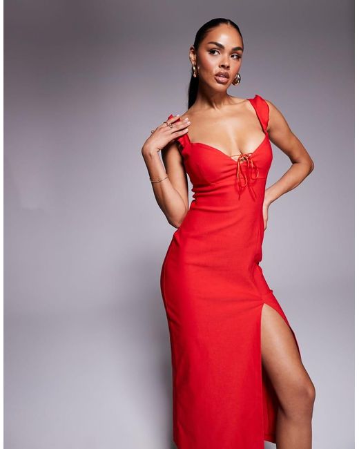 Vesper Red Bengaline Tie Detail Frill Shoulder Thigh Split Midaxi Dress