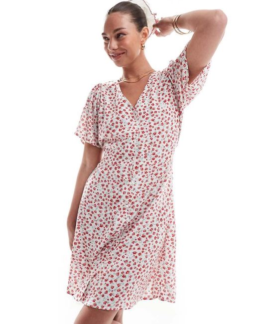 Vestido Corto Rojo Con Estampado De Florecitas, Cuello De Pico Y Lazada En La Cintura De ONLY de color Pink