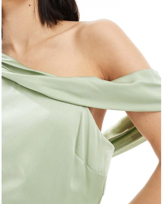 TFNC London Green Bridesmaid Satin Fallen Shoulder Maxi Dress With Wrap Skirt