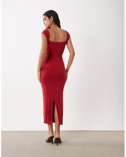 Oh Polly Red Modal Sweetheart Neck Cap Sleeve Maxi Dress