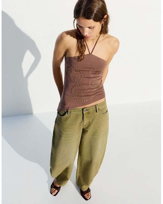 Bershka Brown Studded Halter Top