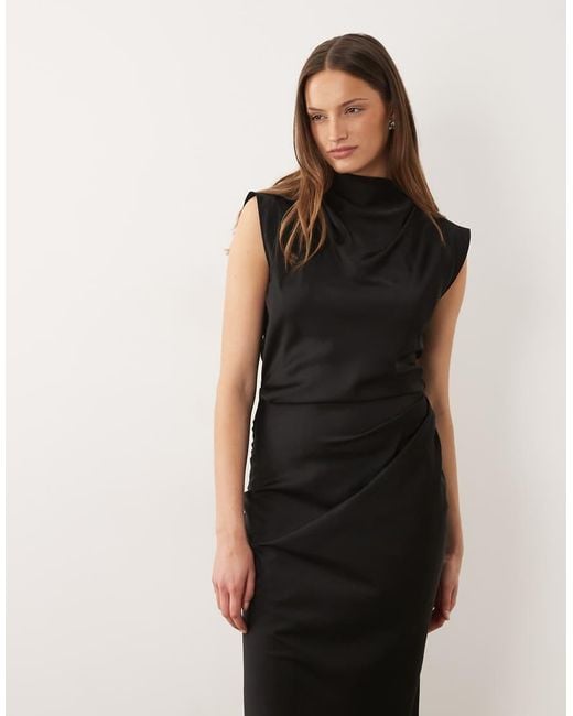 ASOS Black Asos Design Tall Satin High Neck Pleated Bodice Midi Dress