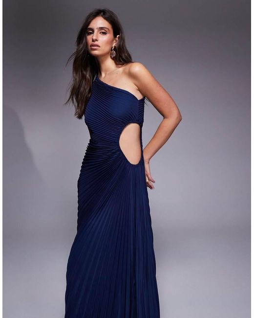 Aria Cove Blue Pleated One Shoulder Cut Out Maxi Dress