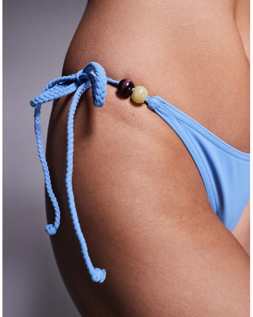 ASOS Blue Simone Bikini Bottom With Plaited Straps & Bead Detail