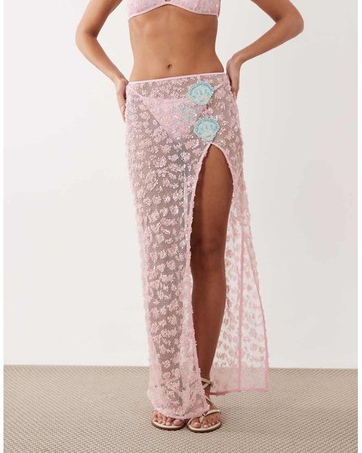 South Beach Pink Sequin Maxi Skirt With Shell Applique